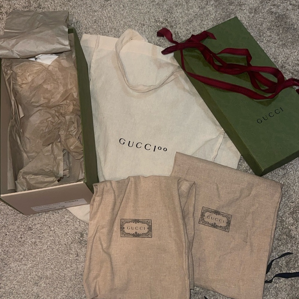 Brand new Gucci shoe box with Gucci tote and Gucci shoe dust bags .
